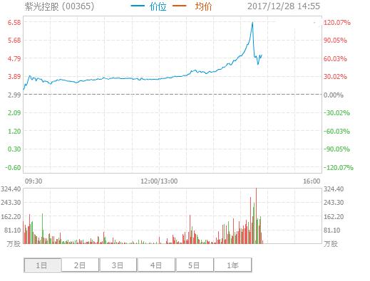 紫光控股盤中最高漲近120% 2分鐘內快速回撤至60%